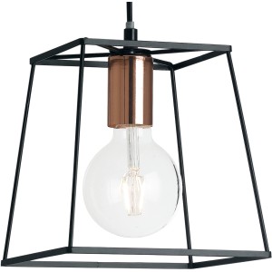 Moderne Pendelleuchte Harlem in Schwarz mit Kupferfarbener Fassung und geometrischem Lampenschirm.