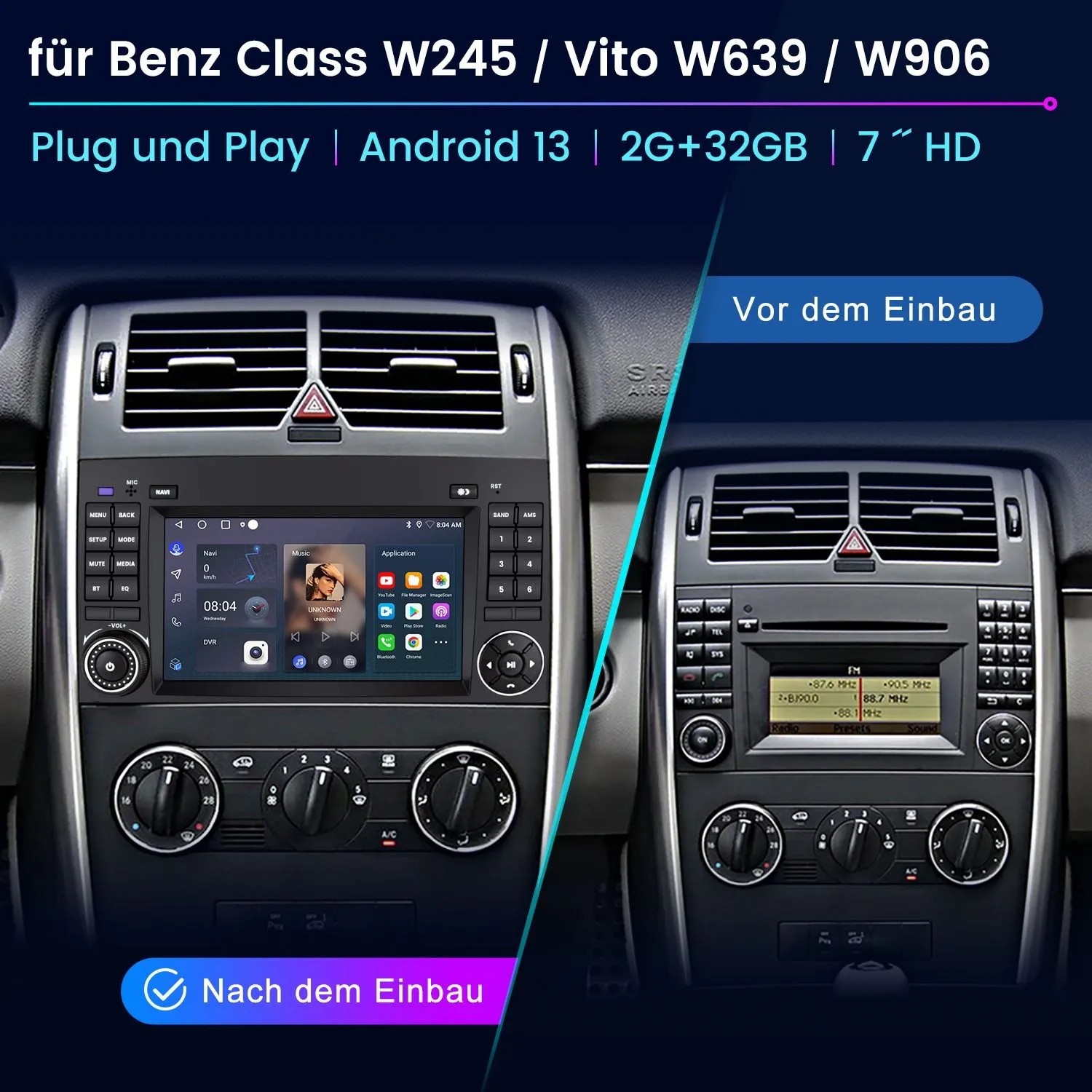 Junsun Autoradio für Mercedes-Benz: Vorher-Nachher im Armaturenbrett. Modernes Android Touchscreen Radio mit Apps.