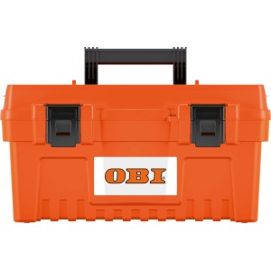 Orangefarbener OBI Werkzeugkoffer aus Kunststoff mit schwarzem Tragegriff und Verschlüssen.
