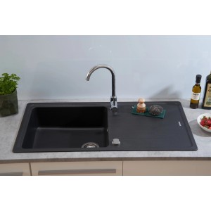 Respekta Massivgranit Einbauspüle Columbia, 100x50 cm, Schwarz mit Abtropffläche und Armatur.