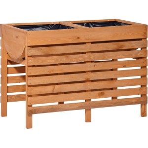 Doppel-Hochbeet aus Holz (Bernstein) mit zwei Pflanzwannen und Folie für Garten oder Terrasse.