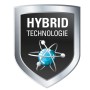 Symbol für Hybrid Technologie der OBI Premium Holzlasur. Schutzschild mit Atommodell.