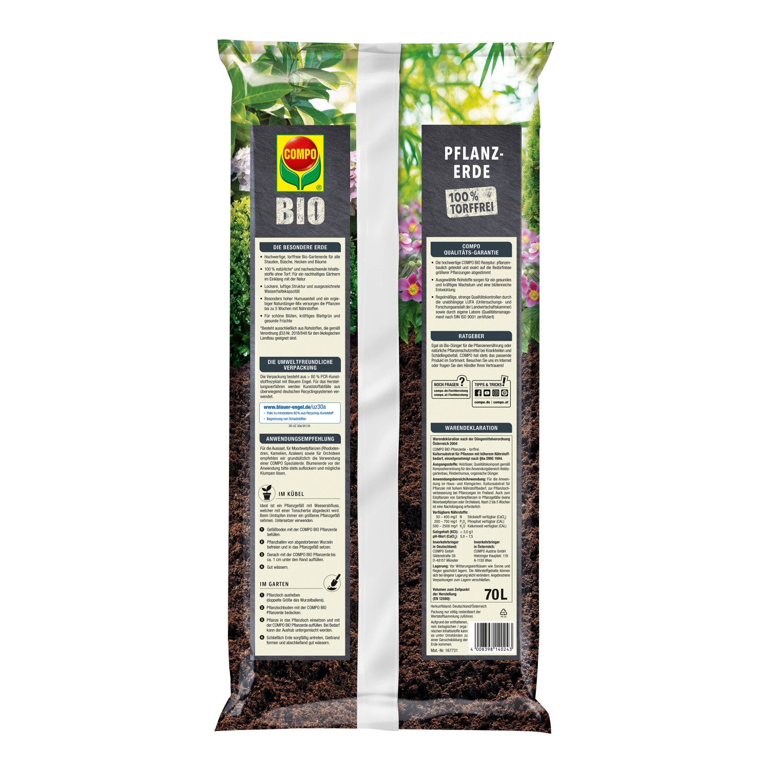 Sack Compo Bio Pflanzerde, torffrei, 70 Liter. Universalerde für Garten- und Zierpflanzen.