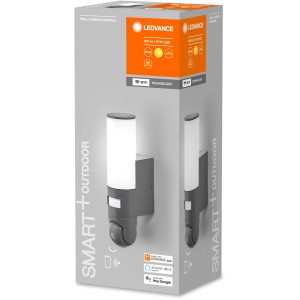 Ledvance Smart+ Außenleuchte mit Kamera, dunkelgraue LED-Wandleuchte im Karton.
