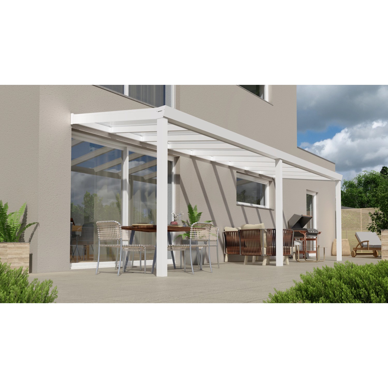 Weiße Terrassenüberdachung Professional (700x200cm) mit Glasdach und 11x11cm Pfosten.