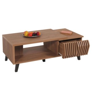 Moderner Couchtisch M45 in Holzoptik mit zwei Schubladen und Ablageflächen.