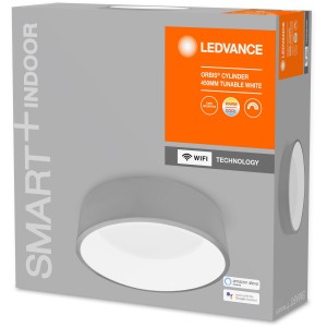 Verpackung der grauen Ledvance Smart+ WiFi Deckenleuchte Orbis Cylinder, Ø 45cm, Tunable White.