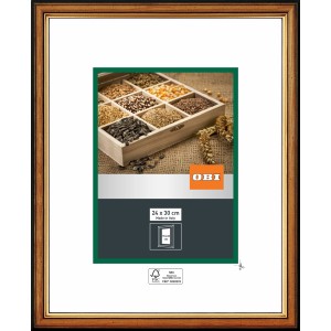 OBI Holz-Wechselrahmen Nuss-Gold, 24x30 cm, mit schmalem, abgerundetem Profil und goldfarbener Innenkante.