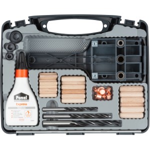 wolfcraft Universal-Meisterdübler-Set, 78-teilig im Koffer mit Dübeln, Bohrer, Leim und Zubehör.