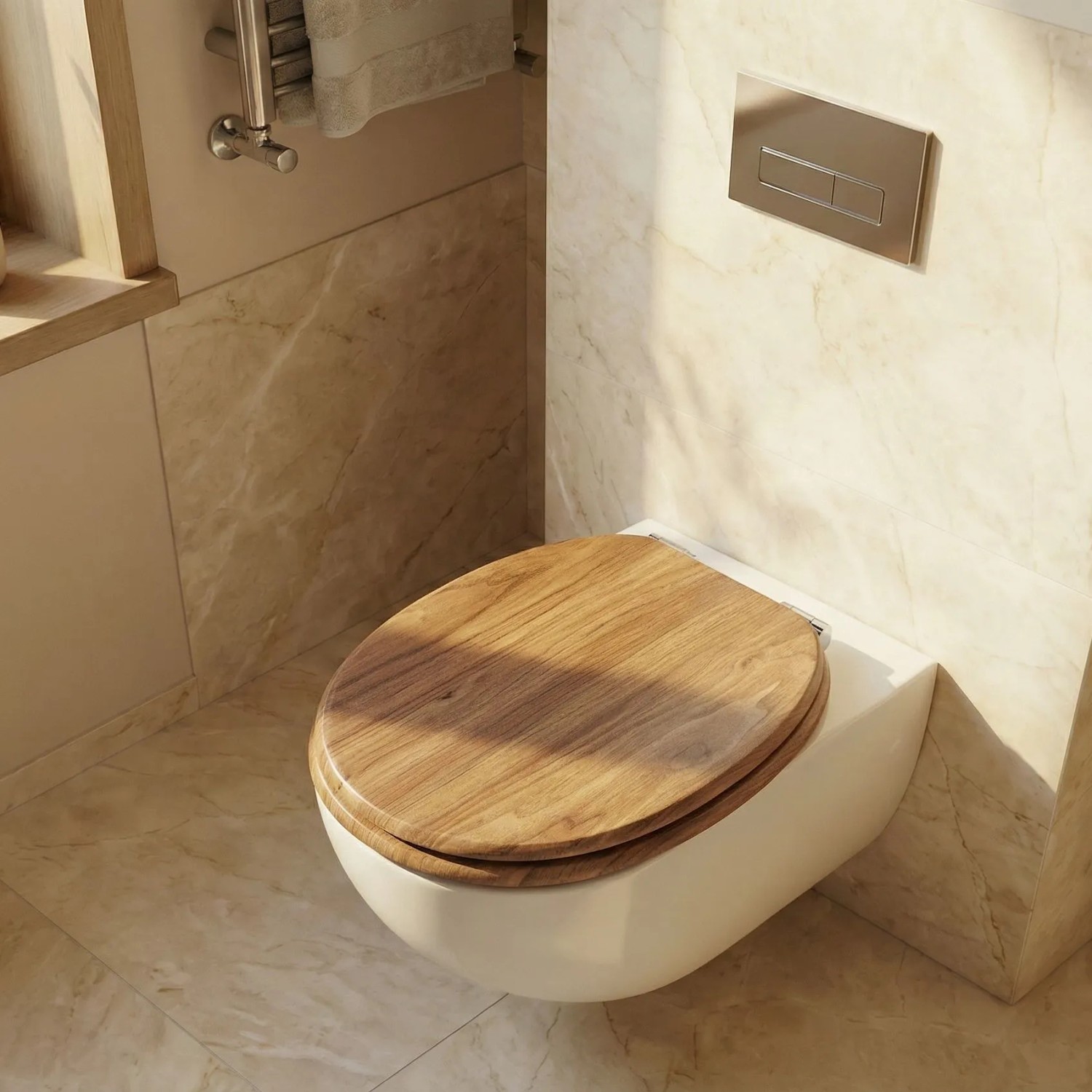 Sinobath WC-Sitz mit Holzmaserung und Absenkautomatik. Robuster Toilettensitz mit Metallscharnieren im modernen Bad.