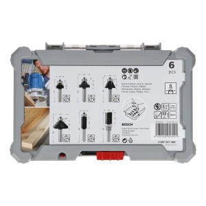 Bosch Rand- und Kantenfräser-Set, 6-teilig, 6 mm Schaft, im grauen Koffer mit Anwendungsbeispiel.