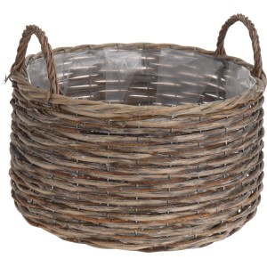 Grauer, runder Weidekorb (27x20x27 cm) für Pflanzen, innen mit Folie ausgekleidet.