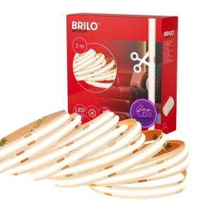 Brilo LED-Strip COB, 3 m, warmweiß, selbstklebend, kürzbar. LED-Streifen und Verpackung im Detail.