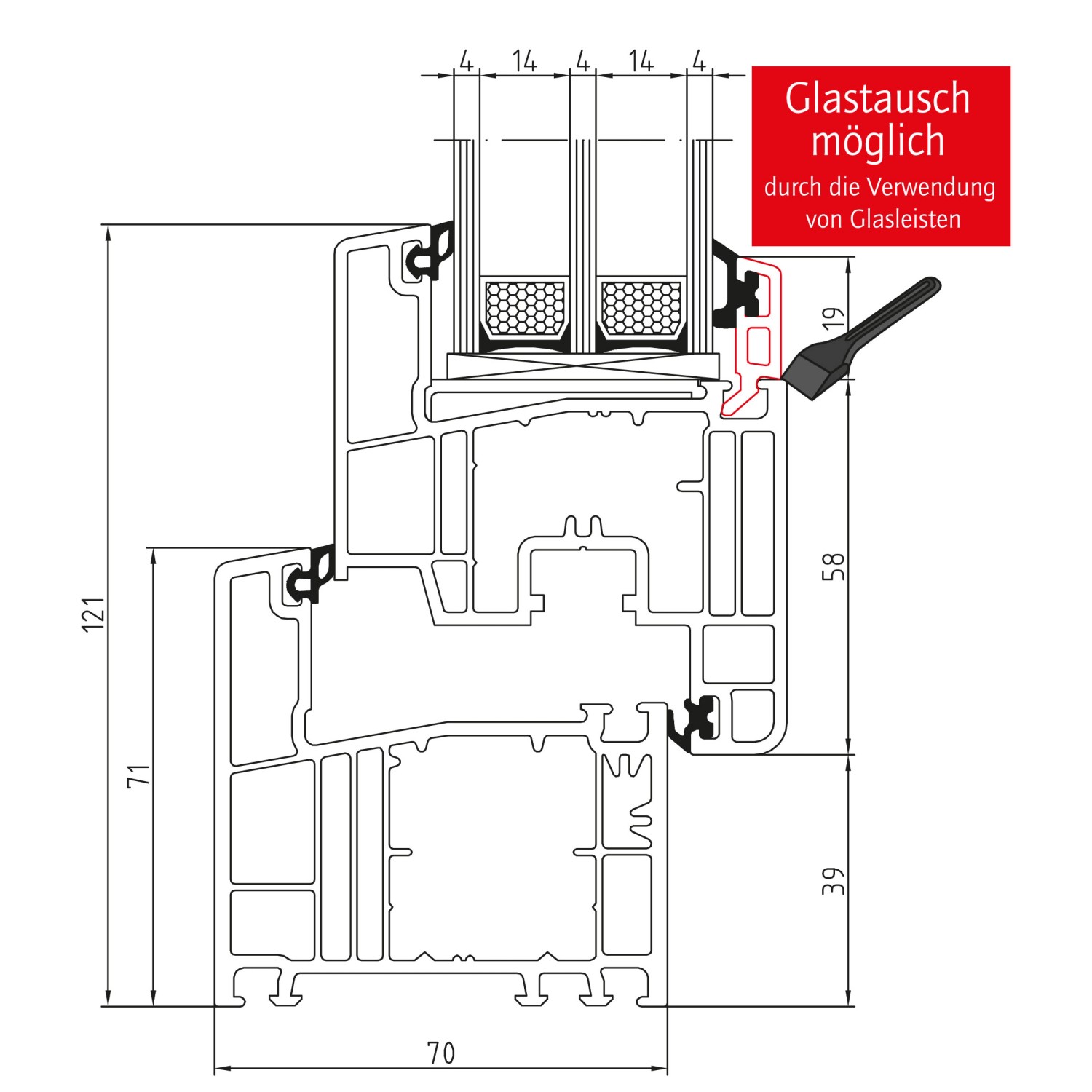 Schnittzeichnung Kunststofffenster CL7, weiße Profilansicht mit Maßangaben und Hinweis zum Glasaustausch.