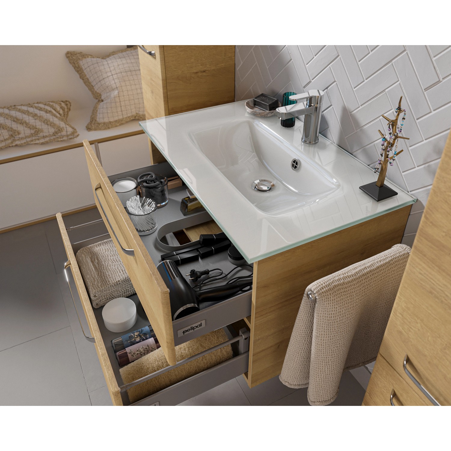 Pelipal Glas-Waschbecken Trentino 77 cm mit Unterschrank und offenen Schubladen.