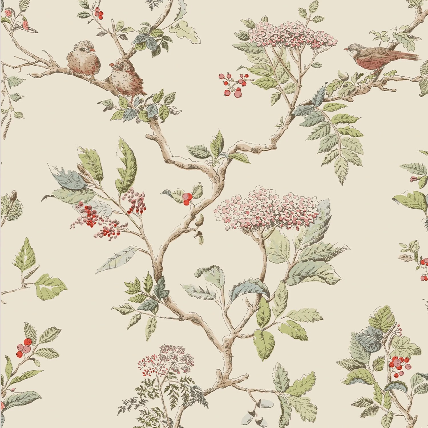 Laura Ashley Vliestapete Elderwood Natural mit Blüten, Beeren und Vögeln.