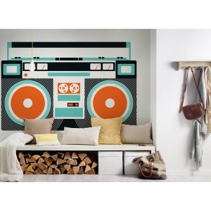 Fototapete mit Ghetto Blaster Motiv in Türkis, Orange, Schwarz und Weiß. FSC® zertifiziert.