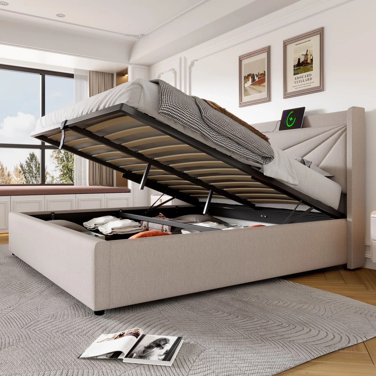 okwish Polsterbett 160x200cm mit Stauraum USB C Jugendzimmer Beige ohne Matratze_4