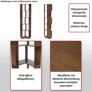 Eck-Bücherregal in Walnuss-Optik mit fünf offenen Ablageflächen, MDF Melamin, 175x40x40cm.