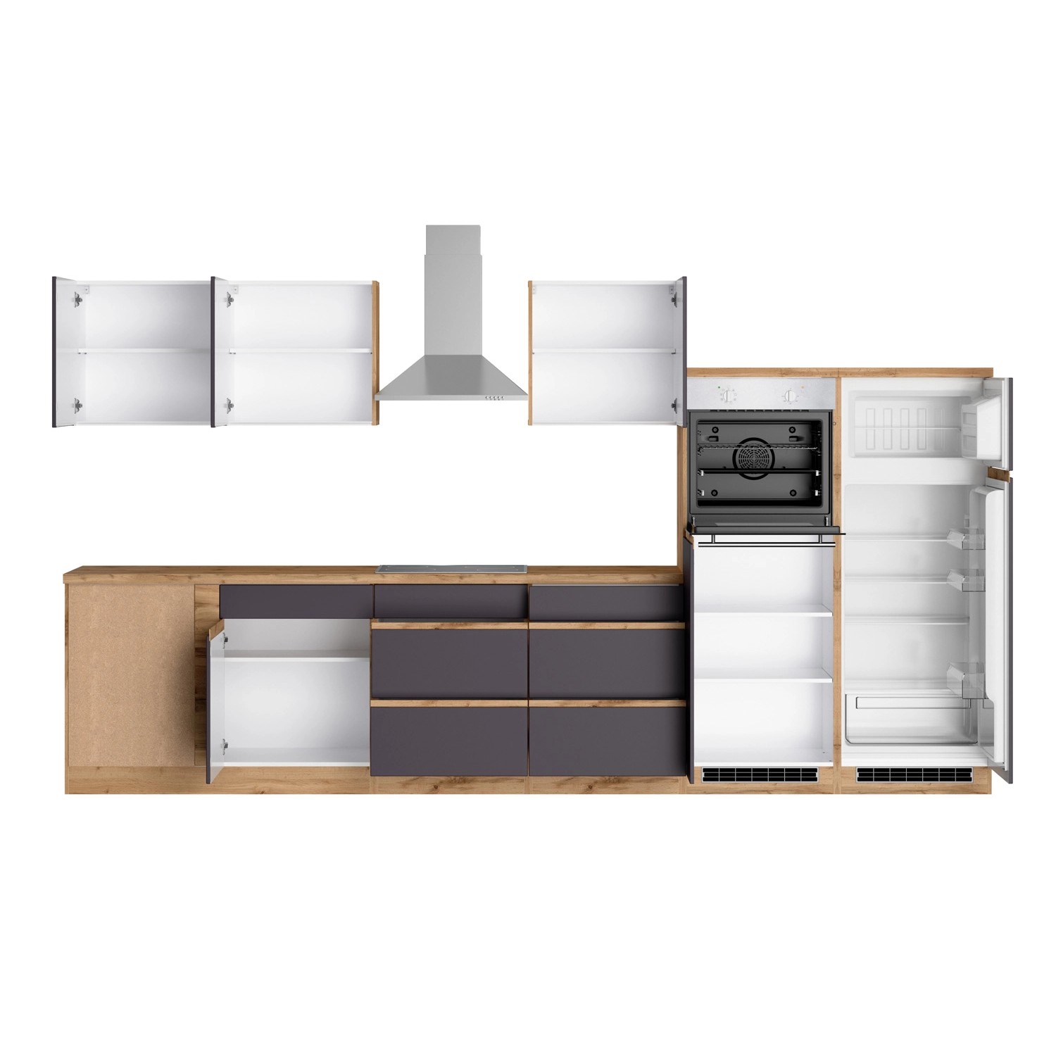 Moderne Winkelküche in Graphit-Wotaneiche (360x240 cm) mit E-Geräten, inklusive Kühl-/Gefrierkombi und Geschirrspüler.