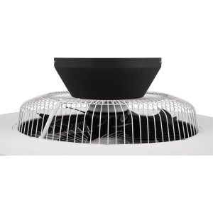 Detailaufnahme der schwarzen Reality LED-Deckenleuchte Halmstad mit Ventilator und weißem Schutzgitter.