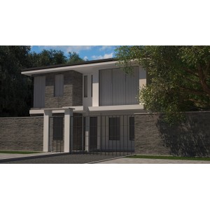 Hausfassade mit Stegu Verblender Madera Grau. Betonverblender für Innen & Außen.