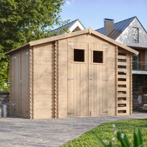 Timbela Holz-Gartenhaus mit Brennholzregal, 5,47 m², unbehandelt, mit Boden.