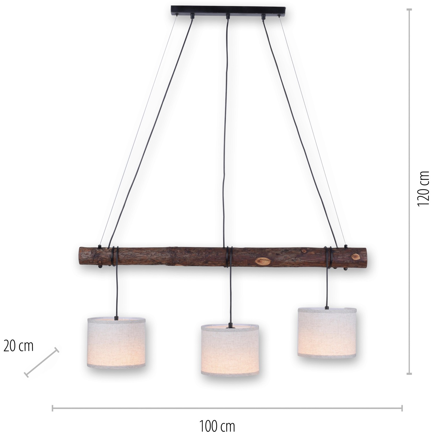 Rustikale Pendelleuchte Bark mit drei Lampenschirmen und Holzdekor, 100x120 cm.
