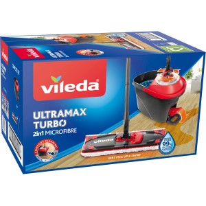 Vileda EasyWring UltraMax Turbo Bodenwischer-Set mit Eimer und Schleuder für streifenfreie Reinigung.