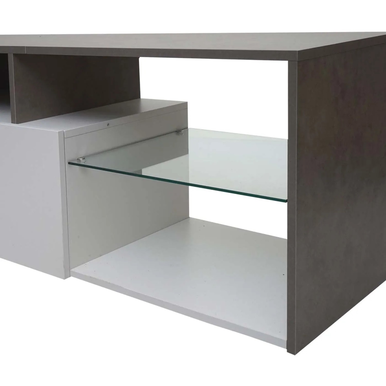 MCW TV-Rack in Beton-Optik und Weiß mit Glasboden und offenen Fächern. Moderner TV-Schrank.