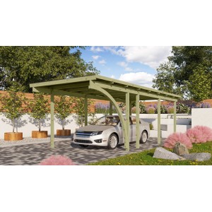 Karibu Einzelcarport Eco aus Holz mit Auto. Stabiler Unterstand mit PVC-Dachplatten.
