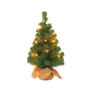 Künstlicher Weihnachtsbaum, 45 cm, mit Beleuchtung und Jutesack, ideal als Tischdeko.