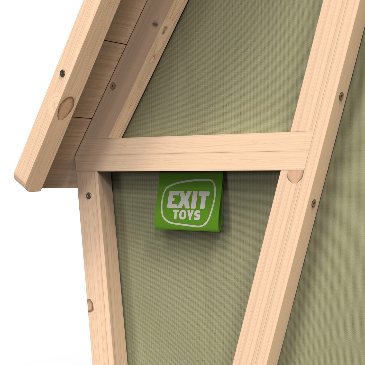 Detailansicht Exit Spielhaus Yuki 100: Holzrahmen, grüne Plane mit Logo.