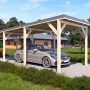 Holzbrüder Einzelcarport Ralf Natur mit dunkelgrauem Blechdach und Auto.