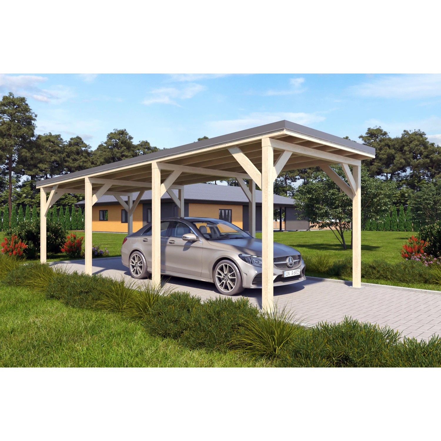 Holzbrüder Einzelcarport Ralf Natur mit dunkelgrauem Blechdach und Auto.