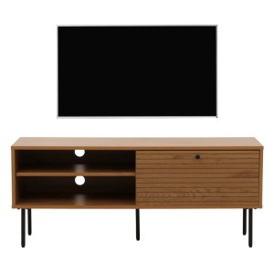 Modernes TV-Rack N78 aus Holzdekor und schwarzem Metall im skandinavischen Stil. Offene Fächer, Schiebetür, Kabelführung.