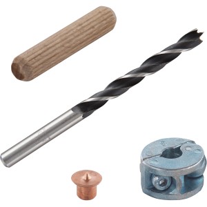 wolfcraft Dübel-Set, 28-teilig: Holzdübel, Bohrer, Tiefenstopp und Dübelfix für Holzverbindungen.