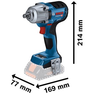 Bosch Professional GDS 18V-450 Akku-Drehschlagschrauber in Blau/Silber mit Maßangaben.