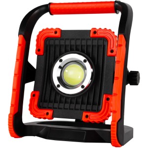 LED-Arbeitsleuchte Power Flood 30W mit Akku und Powerbank in Schwarz-Rot.