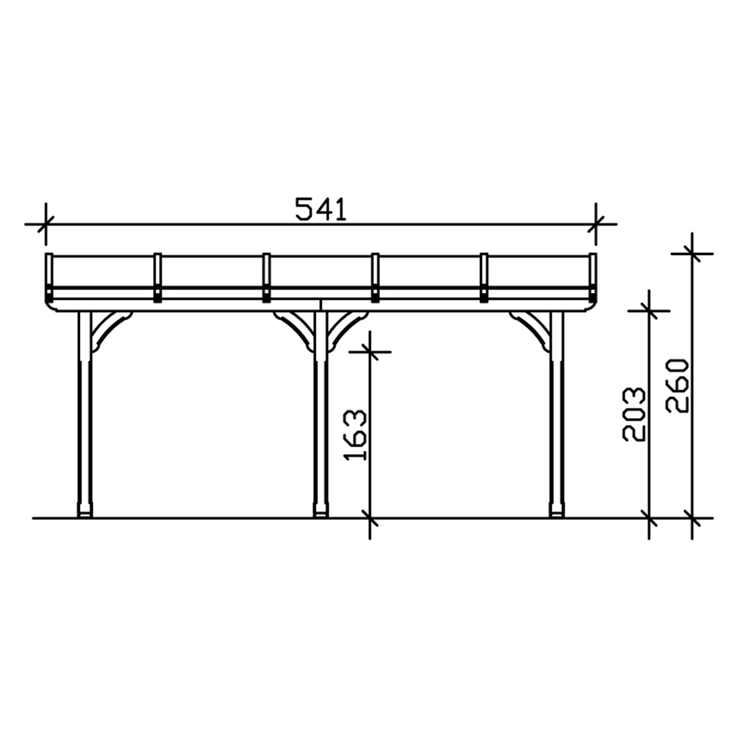 Technische Zeichnung der Skan Holz Terrassenüberdachung Rimini, Maße: 541x250cm.