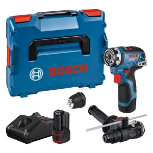 Bosch Professional Akku Bohrschrauber GSR 12V-35 FC Set in blauer L-Boxx, mit Ladegerät und Aufsätzen.