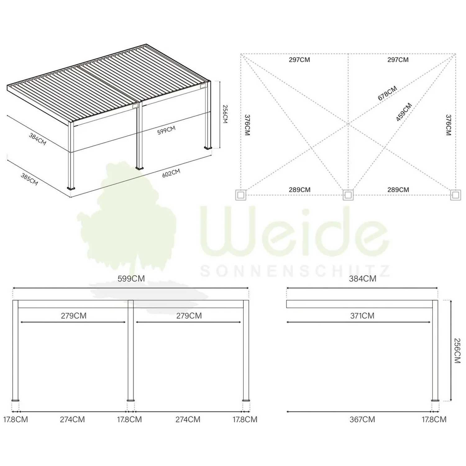 Technische Zeichnung der Weide Wandpergola Deluxe Plus 4x6m aus Aluminium mit Maßen für Terrassenüberdachung.