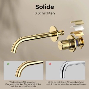Emke Waschtischarmatur Champagnergold für Wandmontage. Zeigt 3 Schichten und Widerstandsfähigkeit gegen Fingerabdrücke.