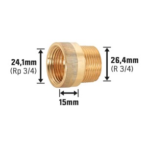Hahnverlängerung aus Rotguss, 24,1 mm x 26,4 mm, 15 mm, für Gewindefittings.
