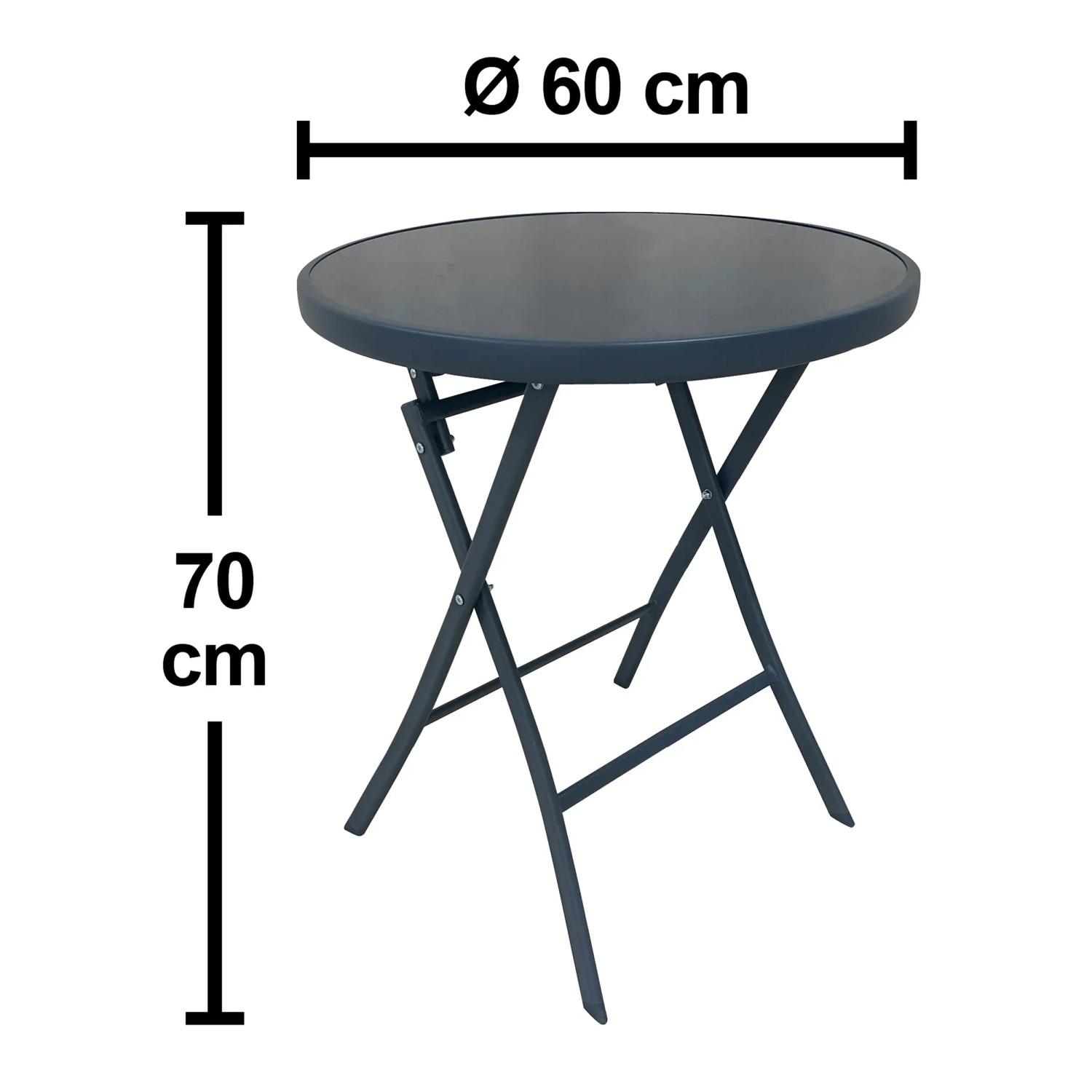 Klapptisch des Balkon-Sets Rivadavia, Stahl Anthrazit, runde Glasplatte, Ø 60 cm, Höhe 70 cm.