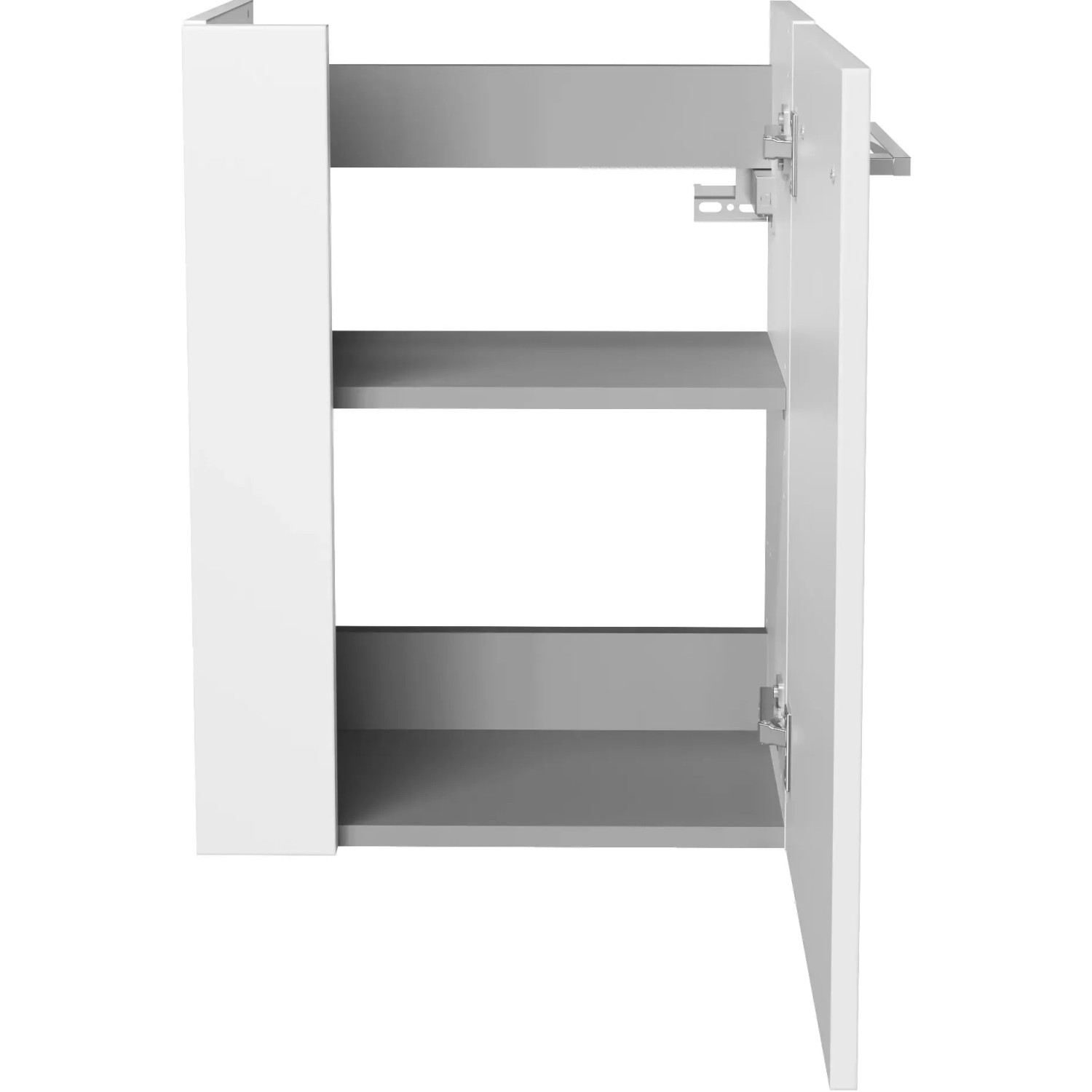 Fackelmann Waschbeckenunterschrank SBC, weiß, 44 cm breit, mit offenstehender Tür und Einlegeböden.