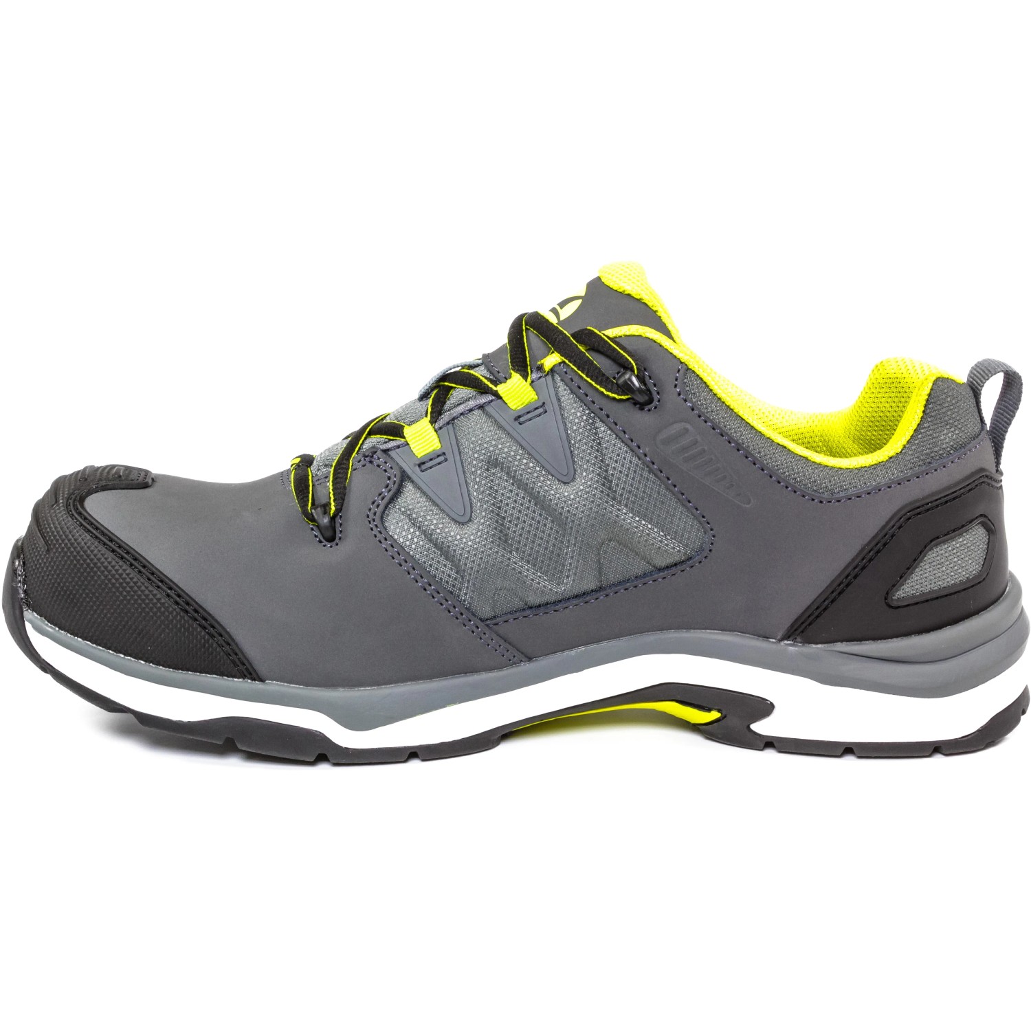 Albatros Ultratrail Low S3 Sicherheitshalbschuh, grau, mit Fiberglaskappe und gelben Akzenten.