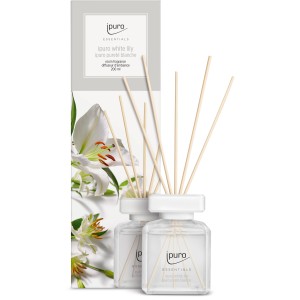 ipuro Essentials White Lily Raumduft 200ml mit Duftstäbchen und Verpackung mit Lilienblüte.