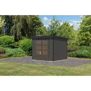 Karibu Gartenhaus Diego 3, terragrau/anthrazit, mit Doppeltür und Fenstern im Garten.