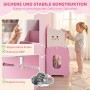 Rosa-weißes AIYAPLAY Kinderregal aus MDF mit Wolkenform, abgerundeten Ecken und Kippsicherung. Kind nimmt Buch.
